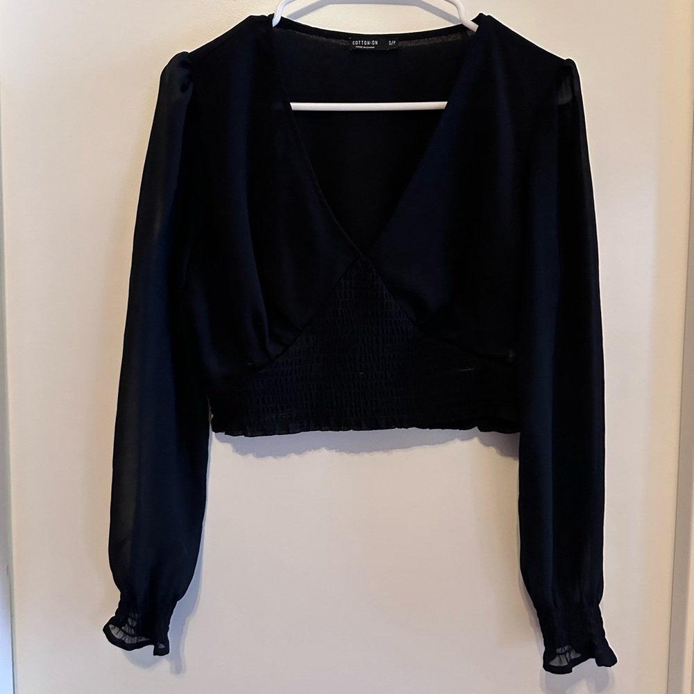 Cotton On Black V-neck Long Sleeve Cropped Blouse